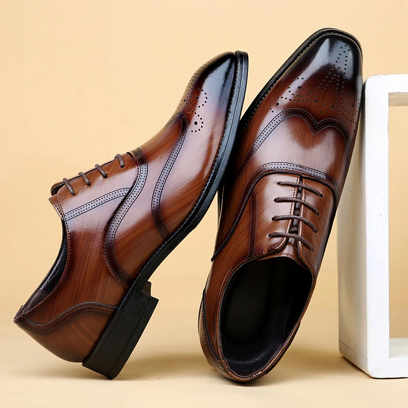 Luxury Brand Men\'s Glossy Leather Shoes Classic Brogue Shoes Lace Up Men\'s Office High-quality Business Shoes Big Size:38-48