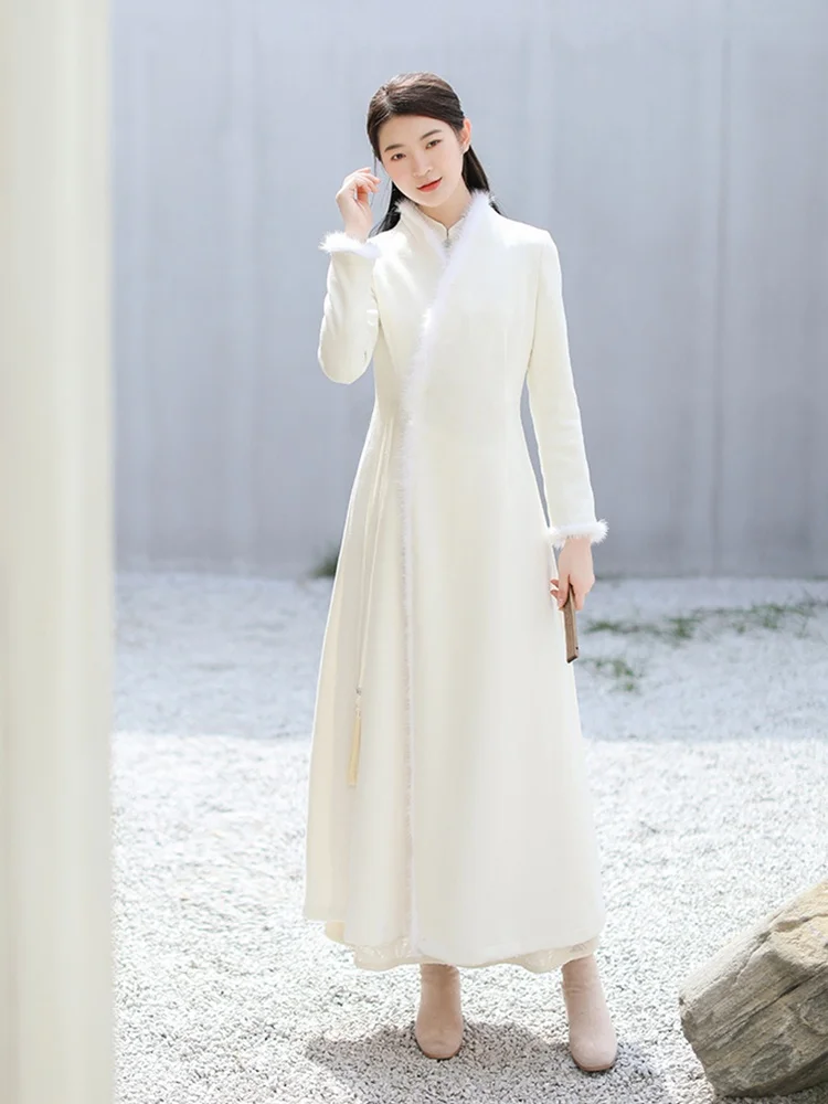 

Зимнее белое шерстяное пальто с вышивкой, воротником и длинными рукавами, приталенное, однотонное, модное, для повседневной носки