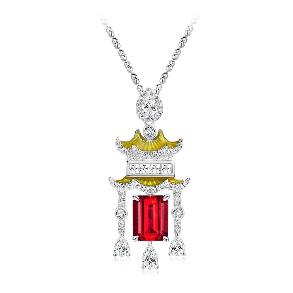 

New S925 silver 2ct rectangular cultivated emerald/red treasure 7 * 9 versatile necklace [single pendant] wedding jewelry