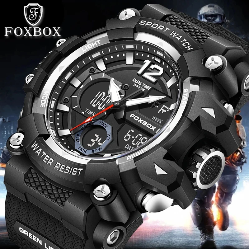 FOXBOX Fashion Man Watches Digital LED Dual Display Date Quartz Watches Waterproof Luminous Sport Chronograph Watches For Men