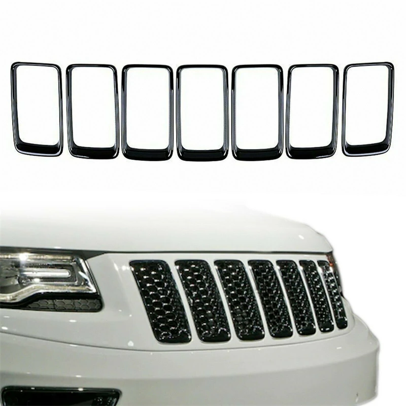 7pcs Front Grille Trim Ring Insert Cover Gloss Black/Chrome for Jeep Grand Cherokee 2014 2015 2016