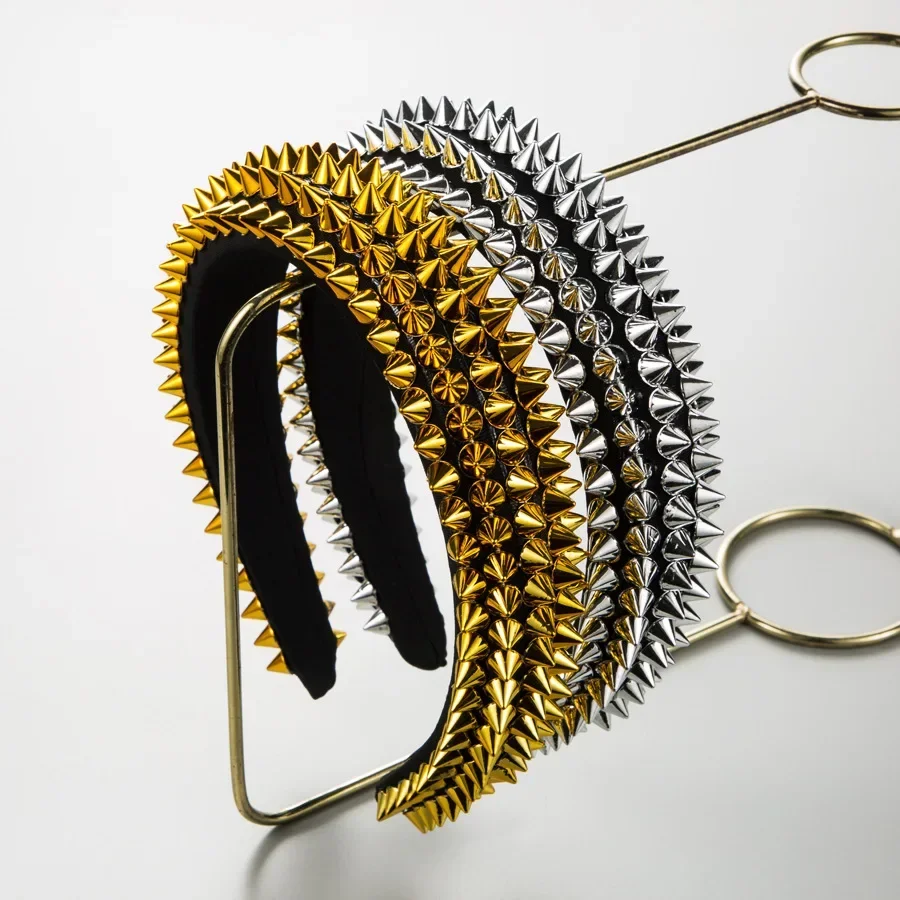 1pcs Men Women Wide Silver Golden Four Rows Spiked Gothic Rivets Hair Bands Spikes Headband Cosplay Headdress