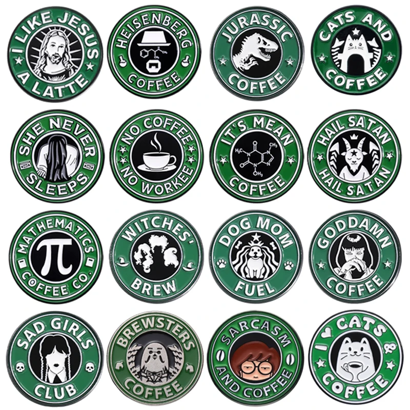 Green Coffee Series Enamel Pins Sad Girls Club Jurassic Coffee Cat Movies Metal Brooches Lapel Badge Jewelry Gifts For Friends