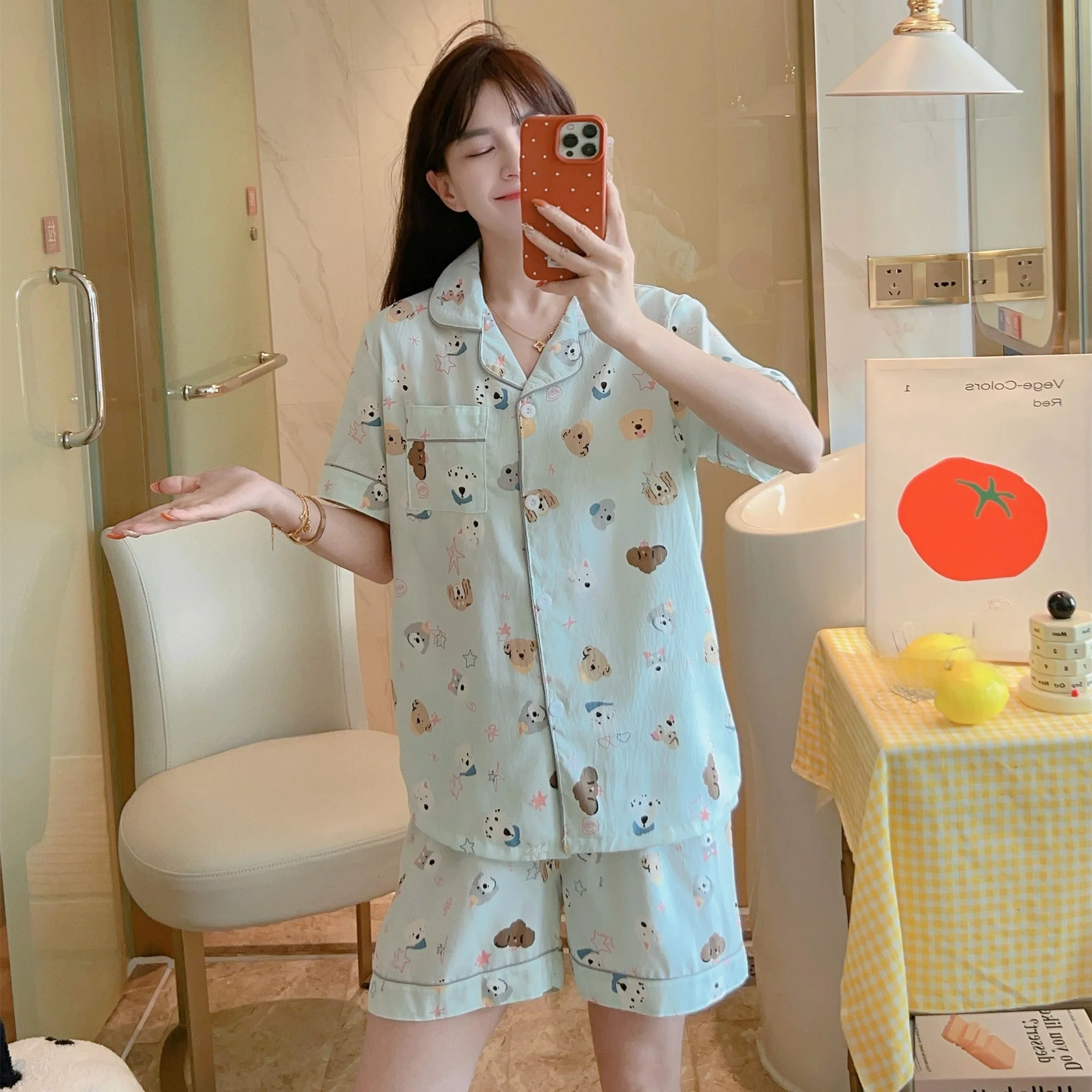 

Cloud Cotton Sleepwear Women's Spring Summer Short Sleeve Turn-down Collar Open Cardigan Shorts Casual Home Clothes Set