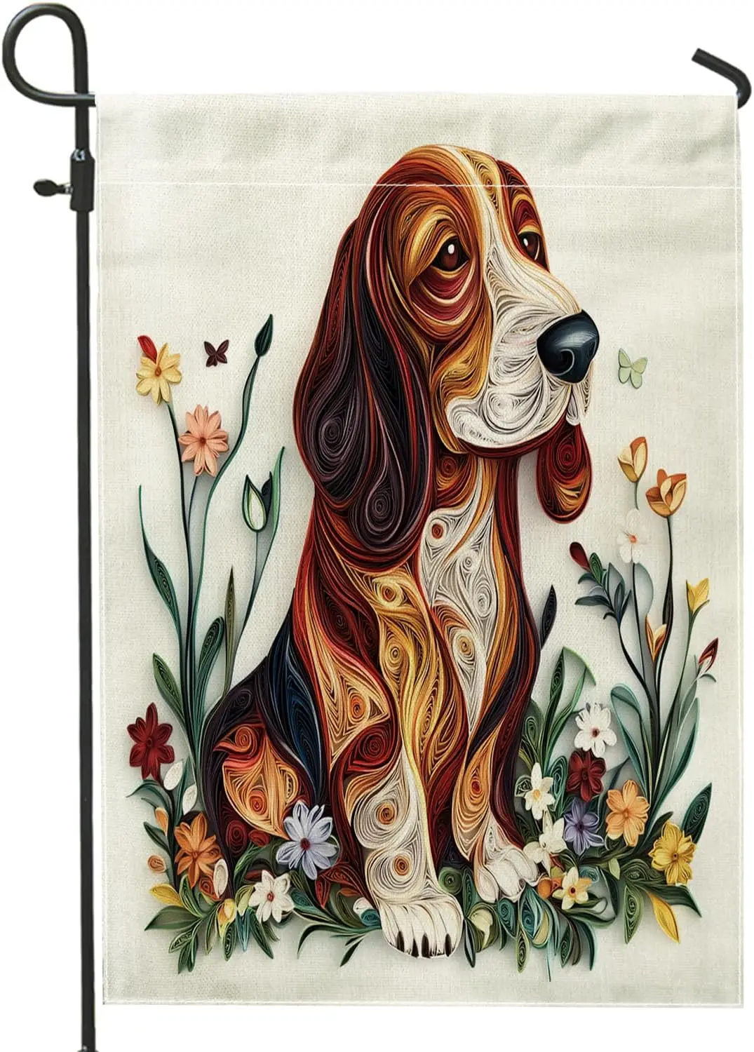 Spring Basset Hound Dog Garden Flags 12x18 Inch for Outside, Fun Puppy Animal Floral Standard Vertical Linen Flags for House WZZ