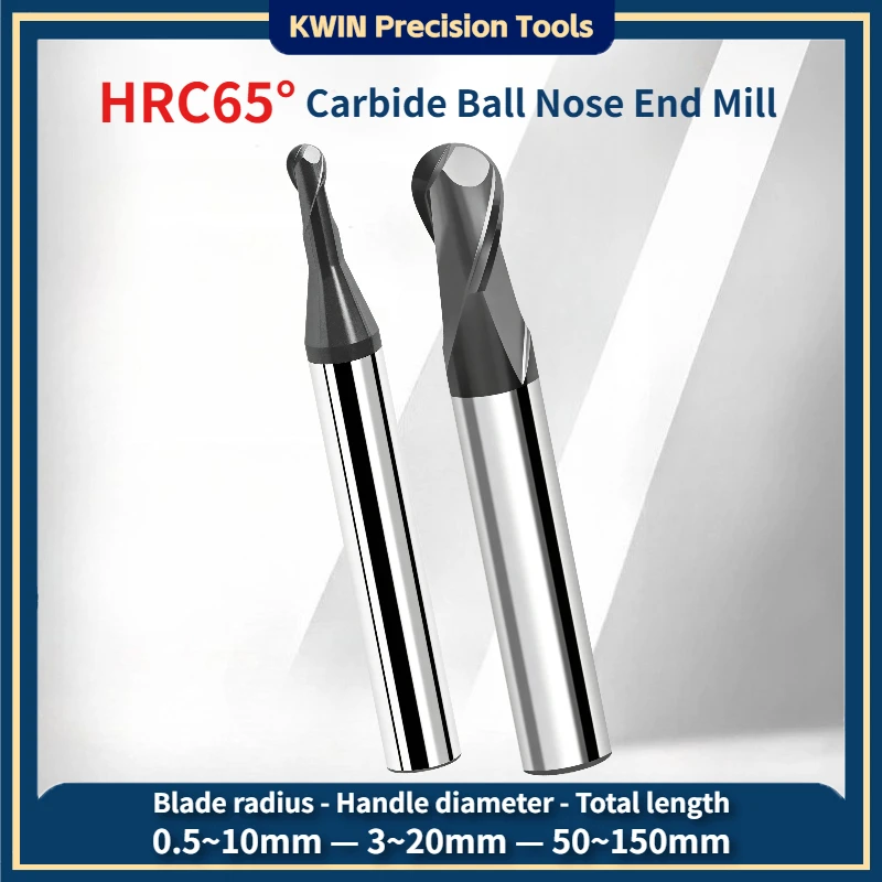 2 Flutes Carbide Ball Nose End Mill 2F HRC65 Tungsten Steel Ball Head Milling Cutter 2 Edges R0.5-R10 High Hardness Nano Coating