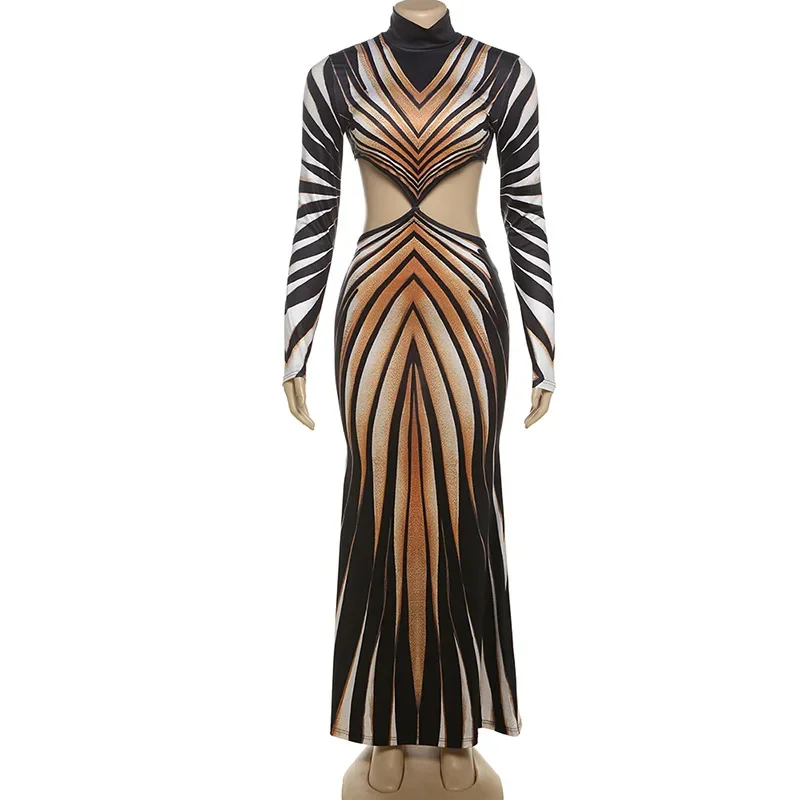 Stunning Panelled Striped Print Women Maxi Dress 2024 Autumn Turtleneck Full Sleeve Cut Out Bodycon Long Party Dresses Clubwear