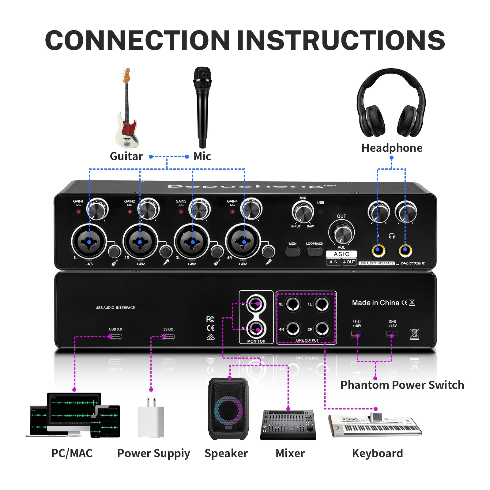 MQ22/44 ASIO Audio Professionelle Soundkarte 2/4-Kanal USB-Audio-Interface für Live-Aufnahmen – Detail 13
