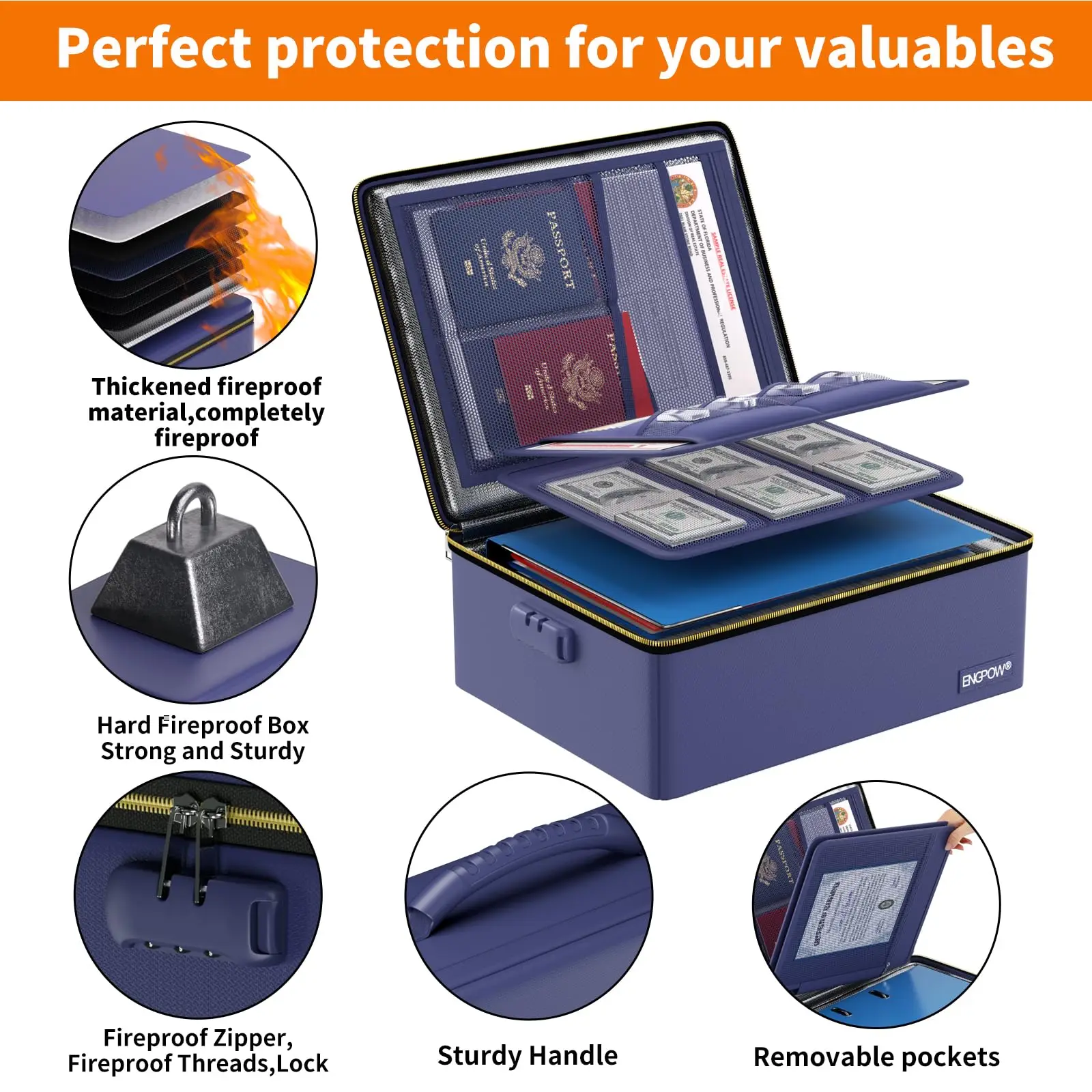 Back-to-School Fireproof Document Organizer; Hard-Sided Storage Box Suitable for Home, Office, School, and Business Travel