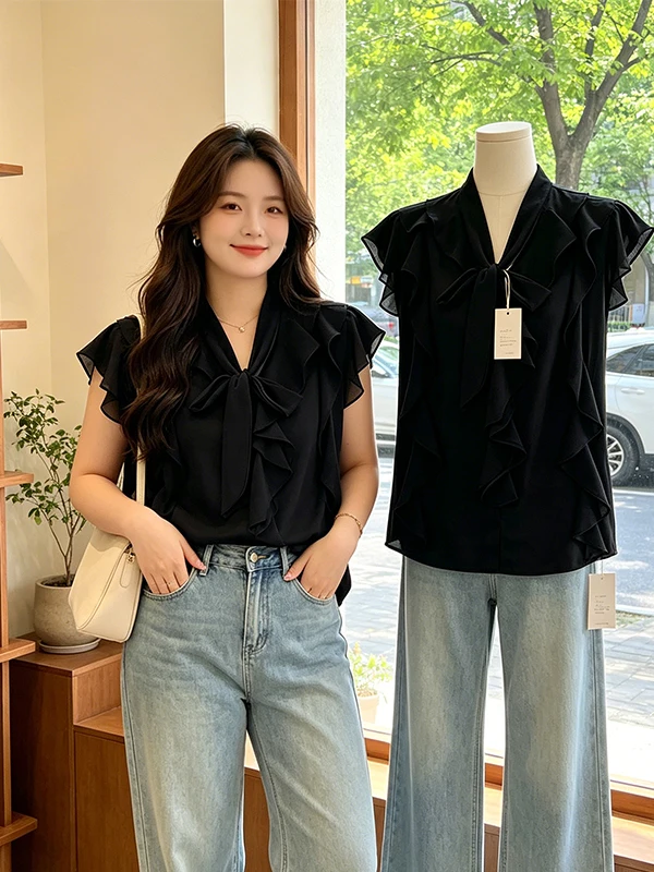 

Romantic Oversized Shirt Women's New Design Summer Pure Color Sash Blouse Korean Style Commute Wind Loose Fit V-neck Sleeveless