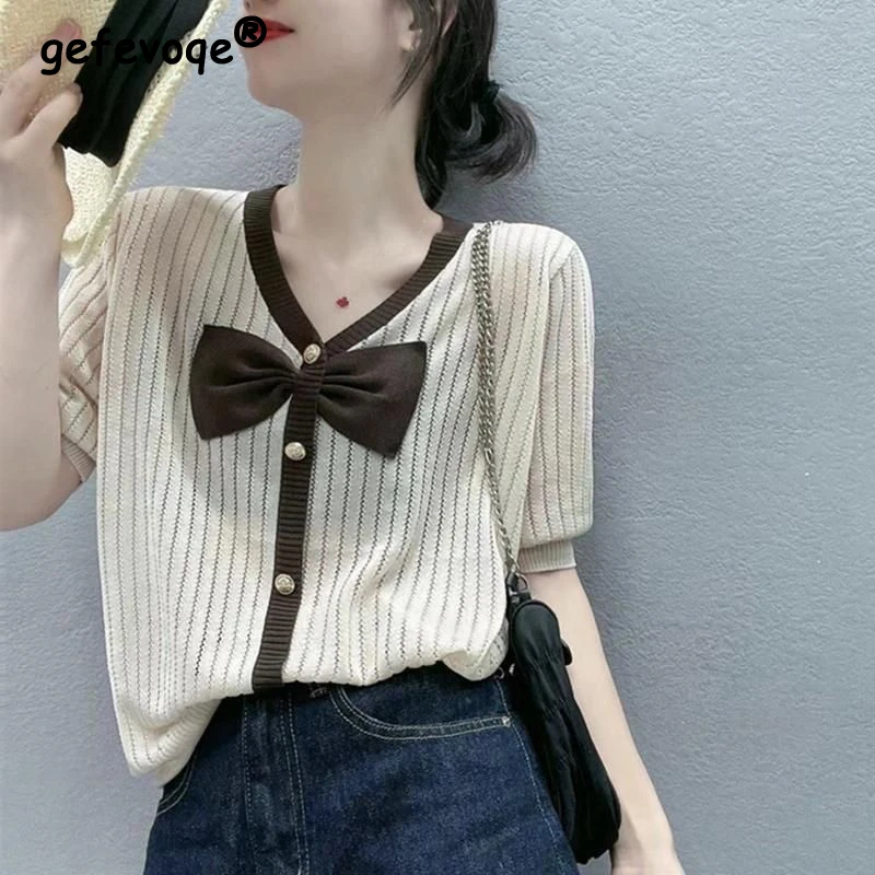 

Summer New Bow Patchwork Knitting Tee Female Ice Silk All-match Short Sleeve Top Women Loose Casual Hollow Out Pullover T-shirt