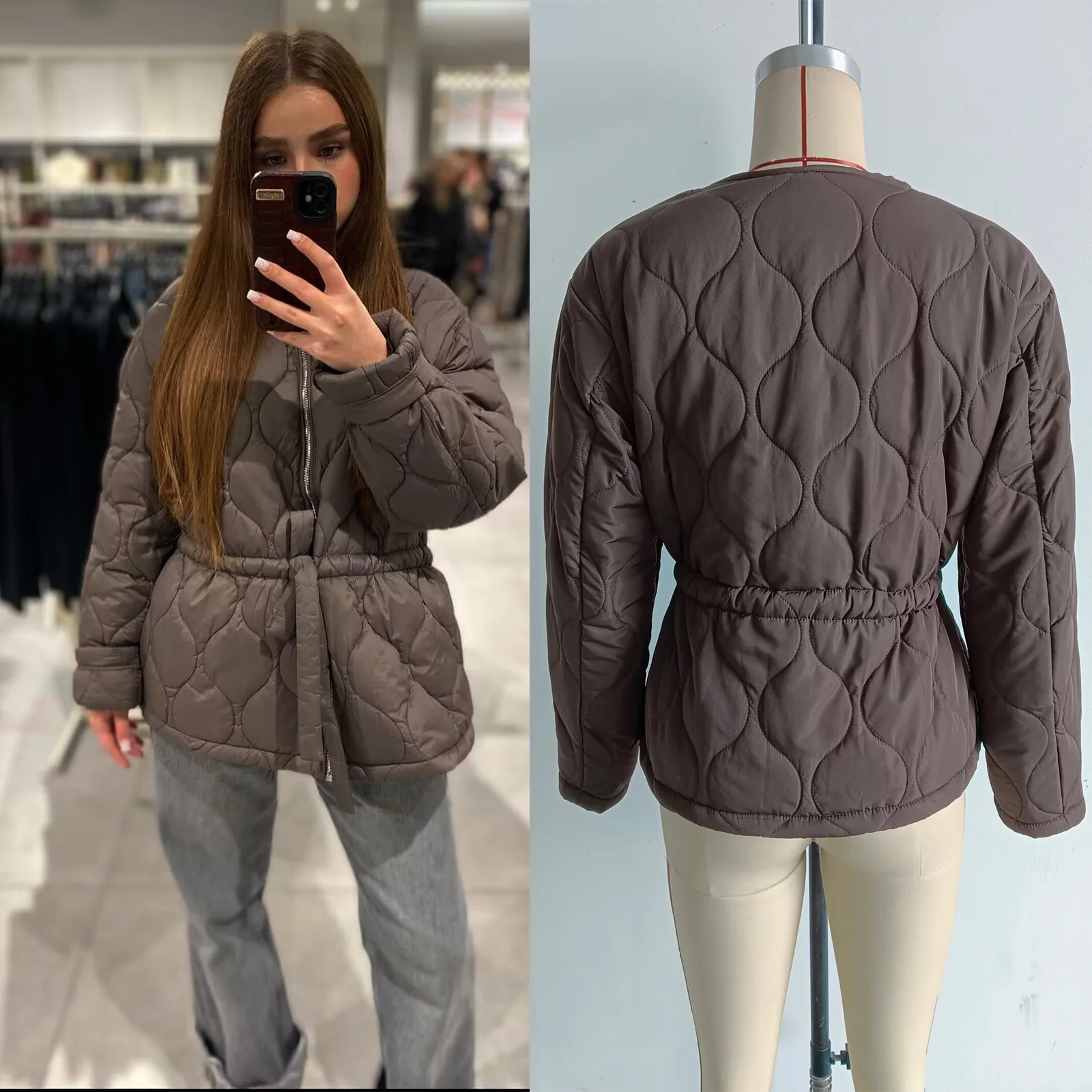 

2025 Winter Woman Quilted Casual Coat Solid O-neck Pockets Zipper Loose Lady Streetwear Women's Cotton Clothes Outerwear