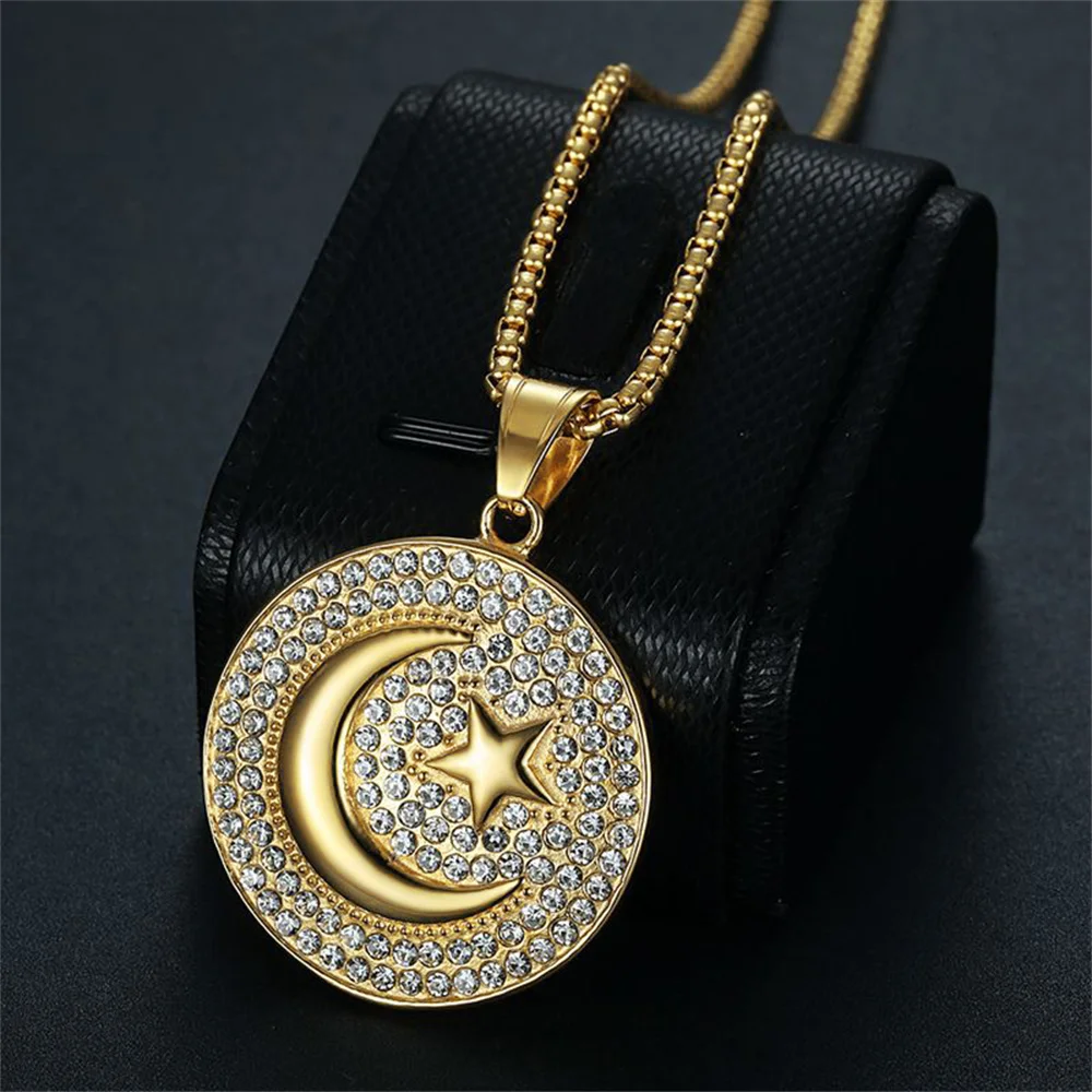 Punk Crescent Moon und Stern Anhänger Gold Farbe Edelstahl Muslimische Runde Halskette für Frauen Männer Iced Out Islamischen Schmuck
