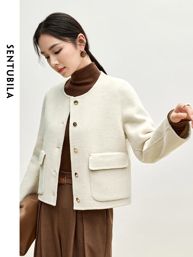 SENTUBILA Damskie Wełniane Krótkie Kurtki 2025 Zima Okrągły Dekolt Metalowe Jednorzędowe Kieszenie Elegancka Odzież Wierzchnia Biurowa W44O56000