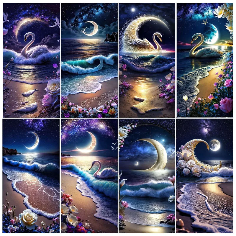 5D Diamond Painting Kits Full Diamond Art Embroidery Mosaic Cross Stitch Moon Swan Beach Fantasy Landscape Diy Handwork puzzle