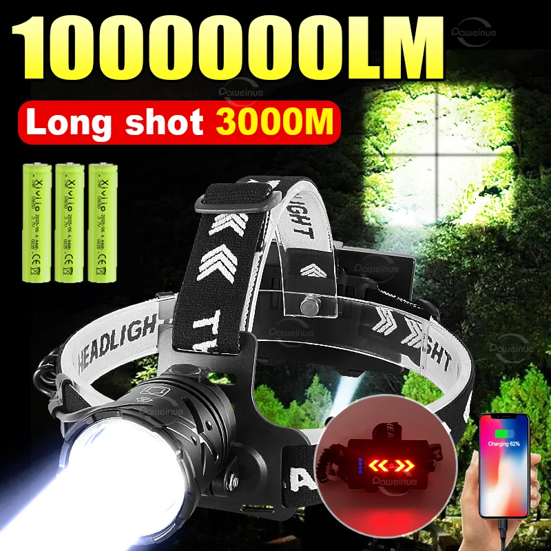 

10000000LM Ultra Bright LED Headlamp Rechargeable Zoom Headlight Long Range 3 KM Head Flashlight Outdoor Head Torch For Fishing