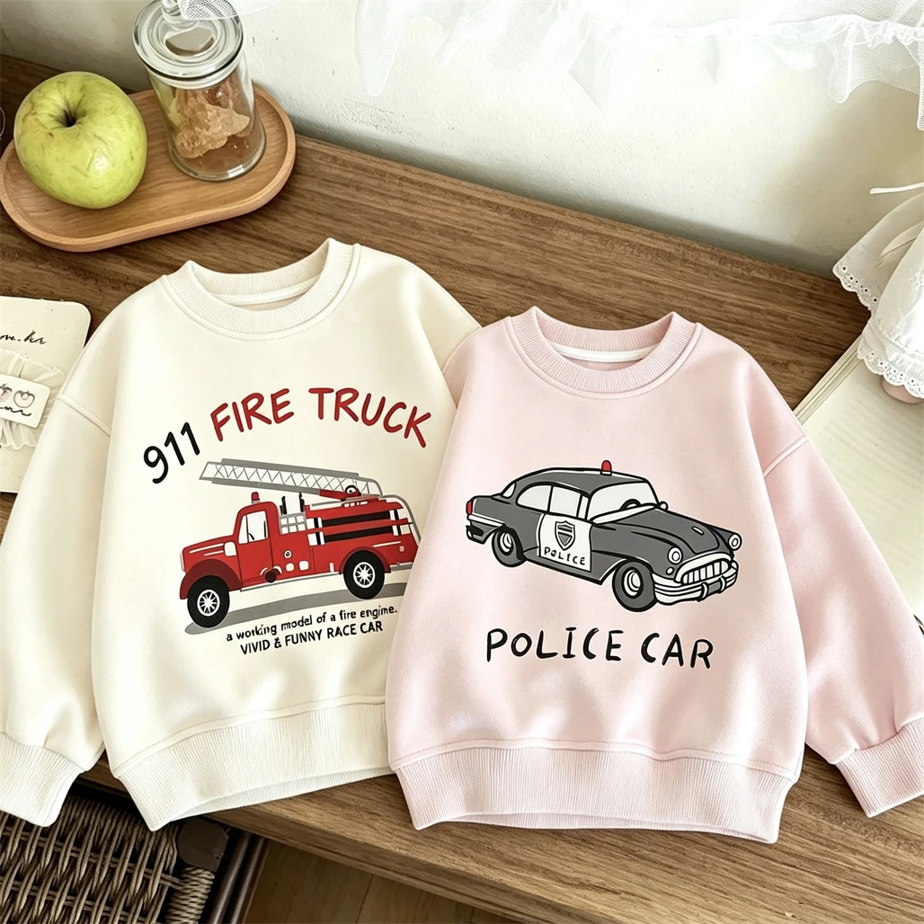 2026 Spring Autumn Child's Hoodies Little Car Printing Tops Blue Baby Boys Girls Cute Pullovers Beige Black Pink Sweatshirts
