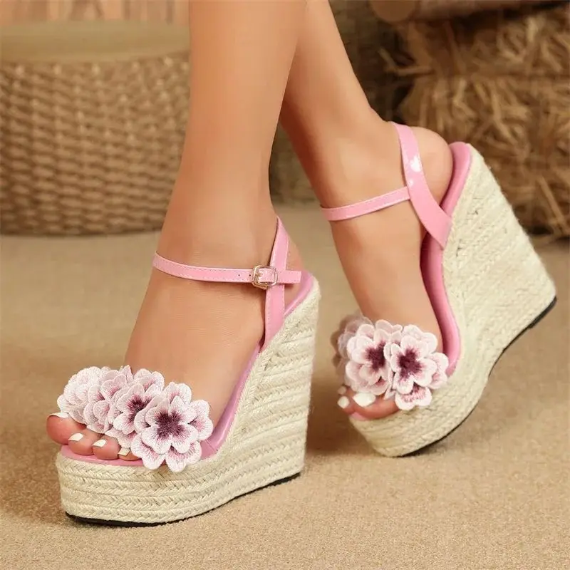 Eilyken Summer Fashion Flowers Open Toe Solid Weave Platform Wedges High Heels Women Sandals  Buckle Strap Shoes