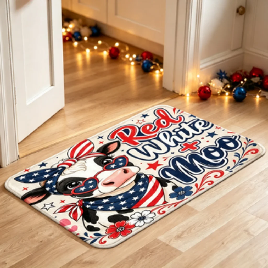Forest Animal Letter Mat, Red Star Flag Floral Mat, Watercolor Red Flower Runner, Black White Cow Spot Door Mat.