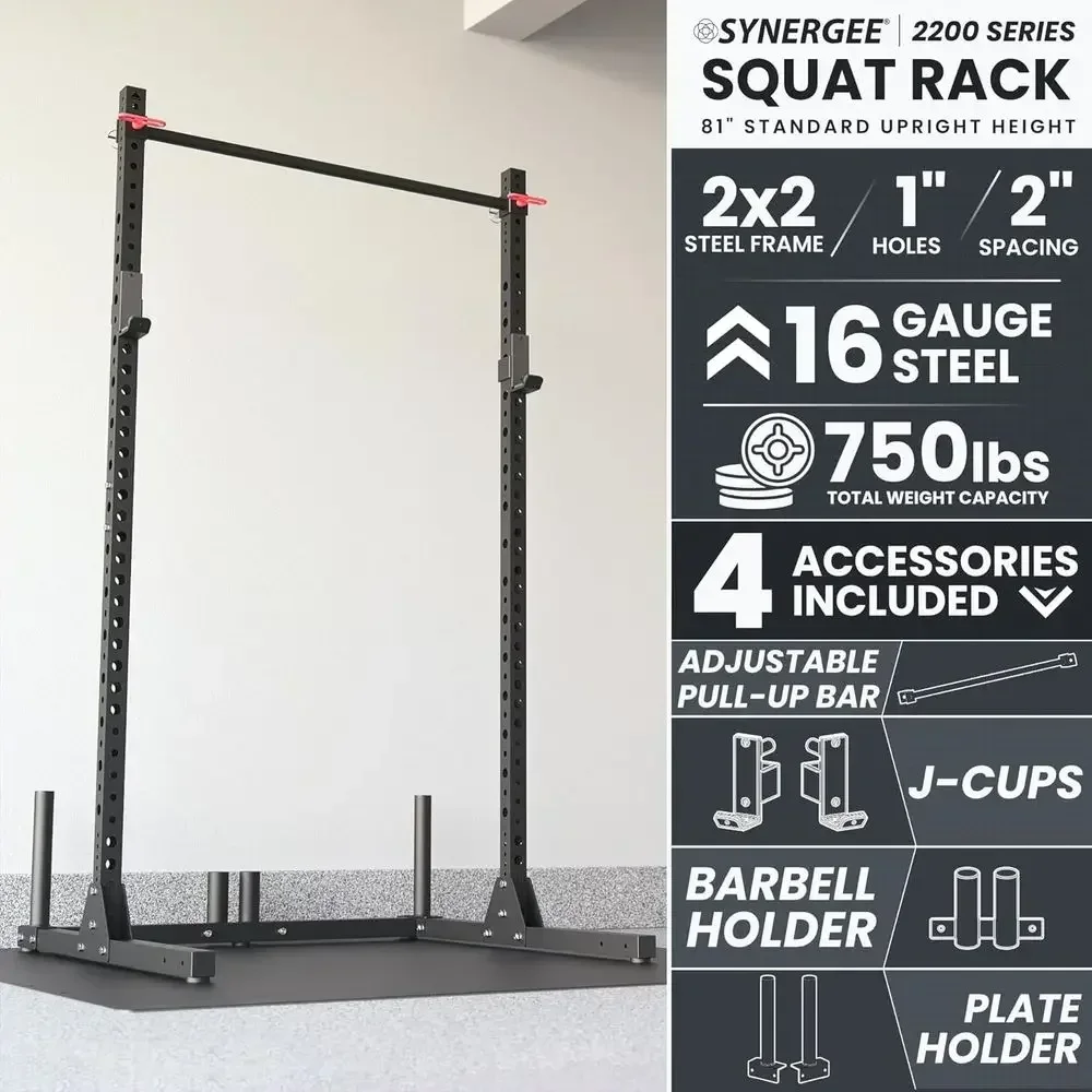 Heavy-Duty 750lb Capacity Squat Rack with Adjustable Pull-Up Bar, J-Cups, and Storage - Home Gym Rack, Available in Black or Red