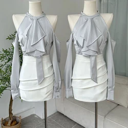 Two-piece skirt 2024 spring and summer fashion new waist fashion Joker irregular off-the-shoulder shirt female