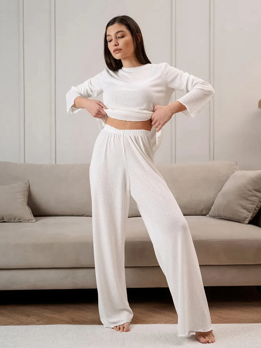 

Marthaqiqi White Autumn Female Sleepwear Set O-Neck Pajamas Long Sleeve Nightgowns Pants Casual Women'S Nightwear 2 Piece Suits