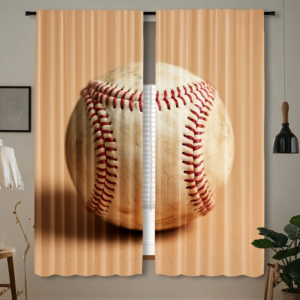 2pcs Vintage Baseball Window Curtains - Rod Pocket Design, Semi-Transparent Polyester with Realistic 3D Baseball Print, Perfect