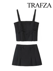 TRAFZA Women's Fashion 2-Piece Set Sexy Bow Decorated Zipper Pleated Camisole Top+Chic Elegant Black Casual Mini Short Skirts