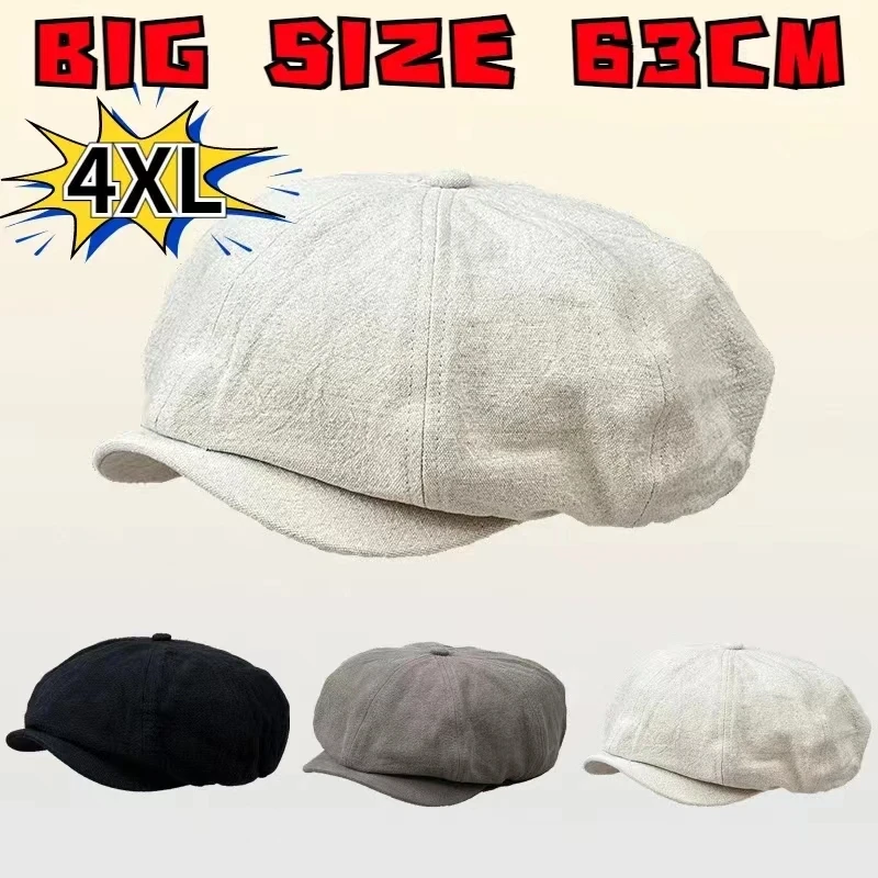 Cotton Linen Newsboy Caps Plus Size 63CM Men\'s Spring Summer Thin Retro Beret Hat Fashion Wild Casual Hat Unisex Octagonal Hats