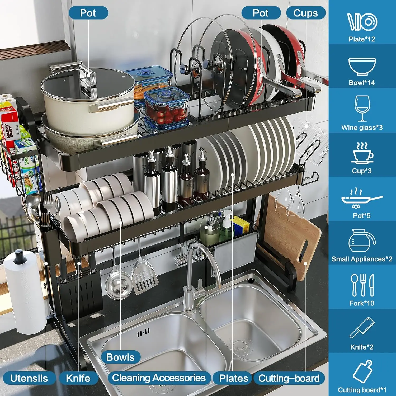 Over The Sink Dish Drying Rack,3 Tier Adjustable Length Full Stainless Steel Large Storage Kitchen Dish Rack,for Kitchen Counter