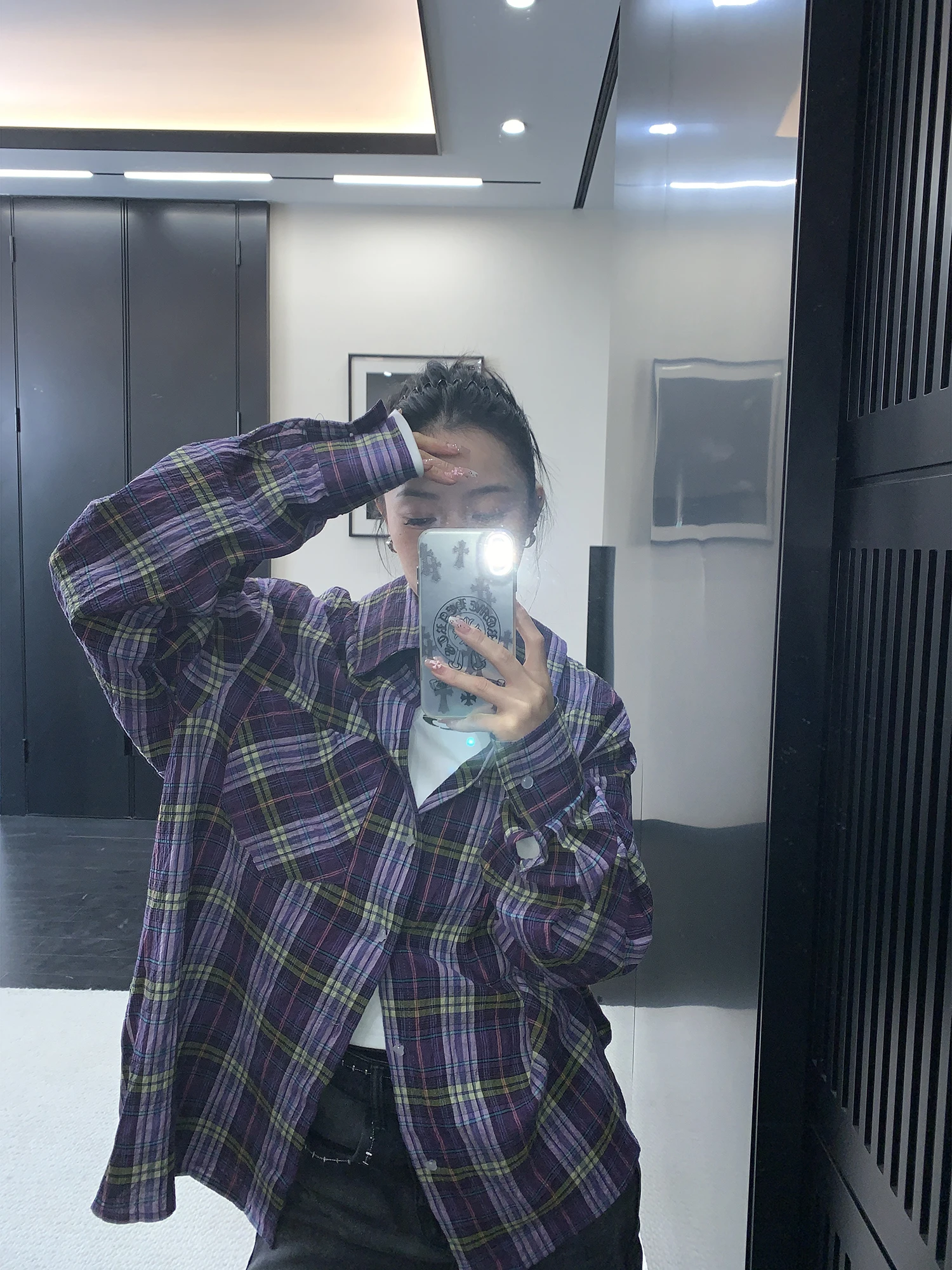 

New Spring Plaid irt Women's Loose Fit Cotton Long Sve Purple Gingham Ba Strap Vintage Sle Casual Button up Top