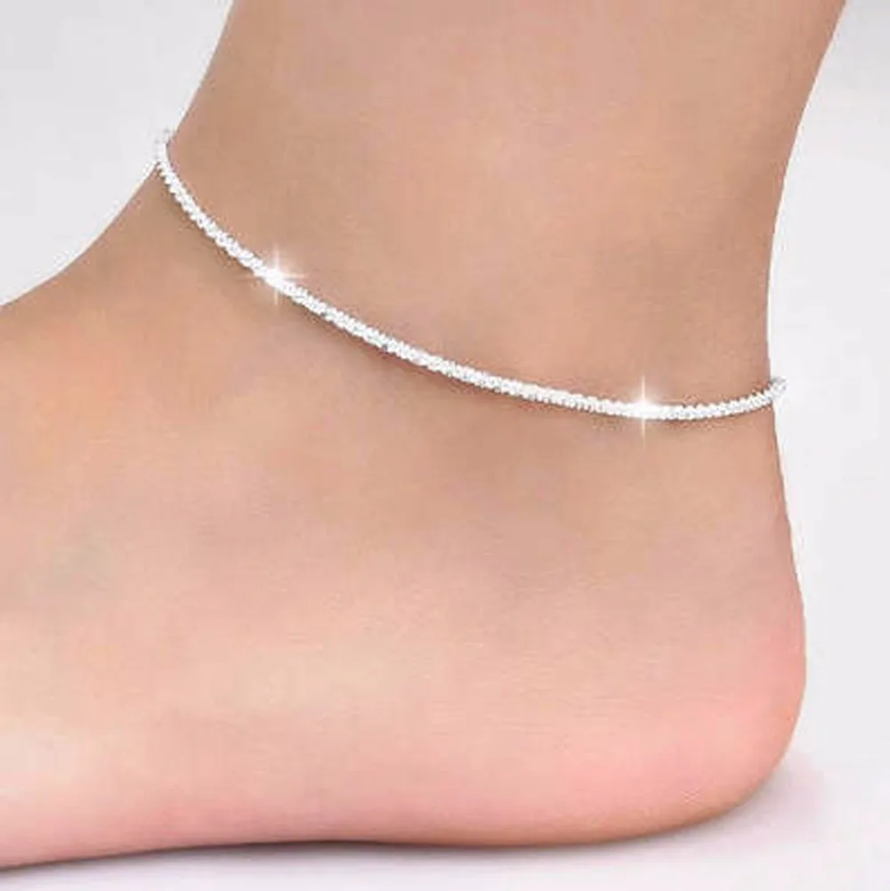 Thin 925 stamped silver plated Shiny Chains Anklet For Women Girls Friend Foot Jewelry Leg Bracelet Barefoot Tobillera de Prata