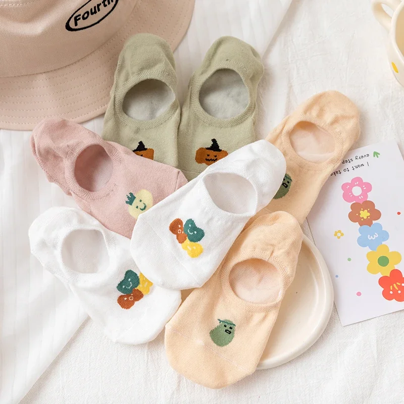 

5 Pairs Summer Plant Pattern Women Crew Short Socks Floral Cotton Thin Bottom Sweat Absorbing Invisible Breathable Casual Socks