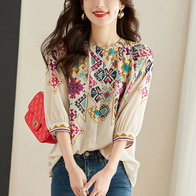 2024 Spring Summer Women Tops Fashion 3/4 Sleeve Chiffon Blouse Round Neck Casual Loose Printed Tops