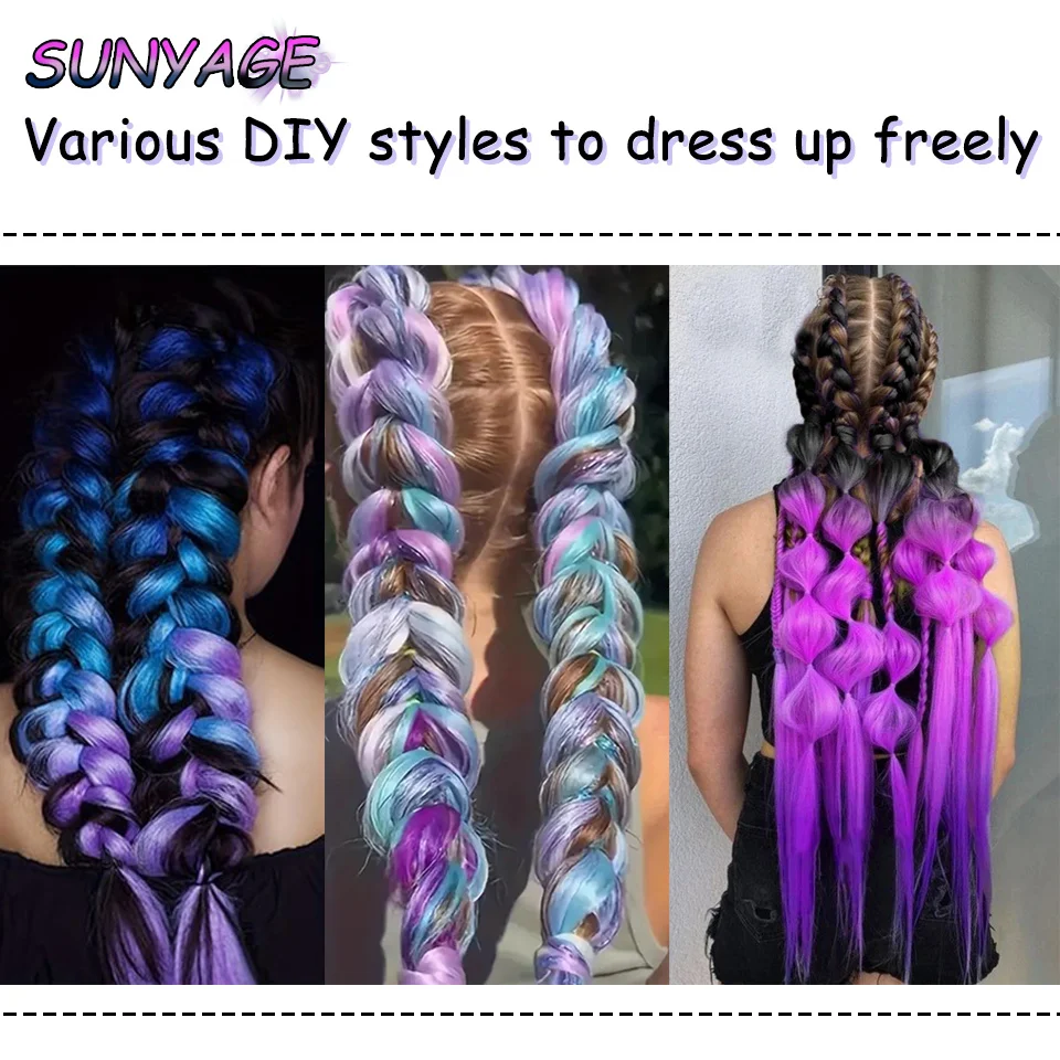 SUNYAGE-peruca sintética da extensão do cabelo trançado, cabelo tricolor do gradiente, multi colorido, DIY, trança grande, sobre 100g, raiz