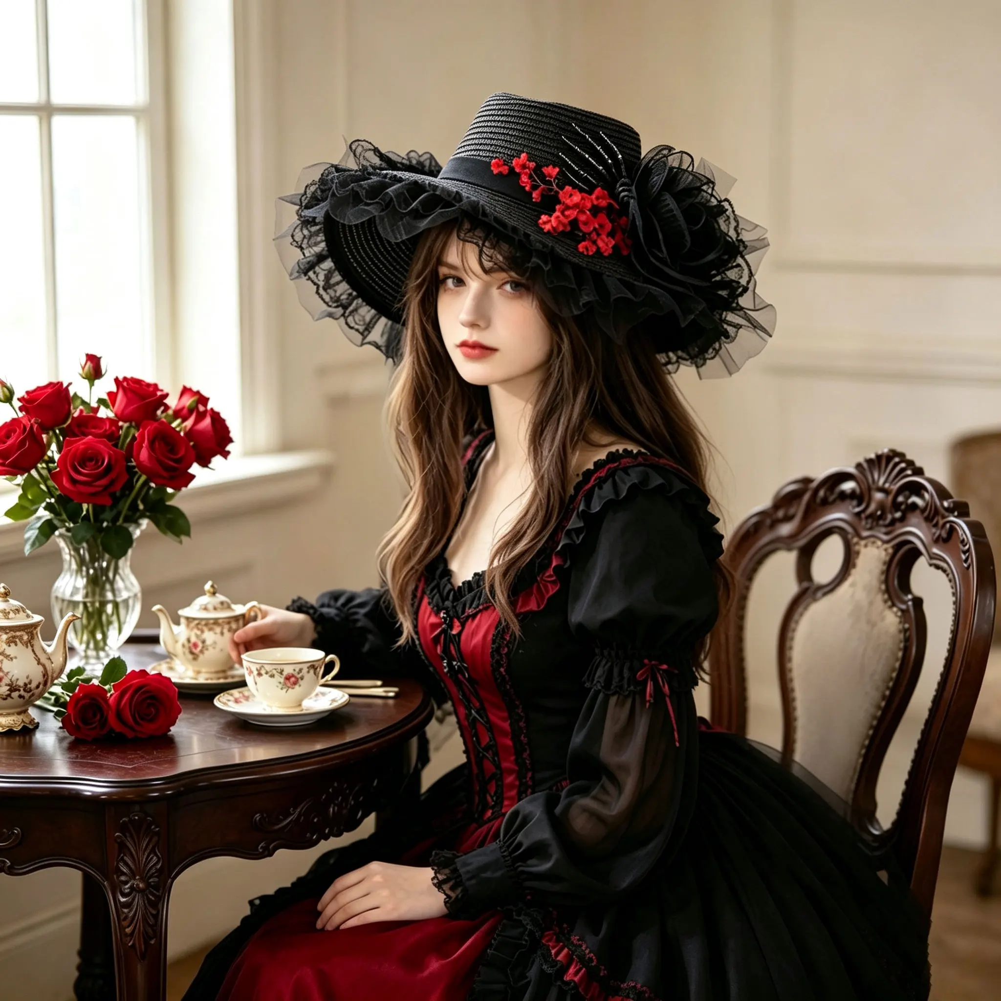 Sombrero gótico de ala ancha de paja negra, sombrero decorado con encaje y mano de esqueleto con flor roja, sombrero de disfraz de bruja para Halloween para mujer