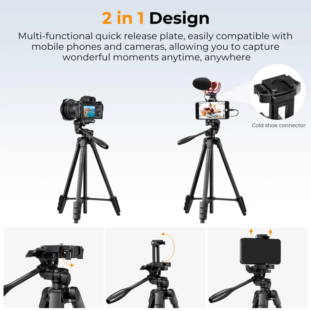 K&F Concept 59.4''/1.5m Aluminum Travel Tripod with Bluetooth Remote & Adjustable Height (17-60 inch) Lightweight 360° Panorama