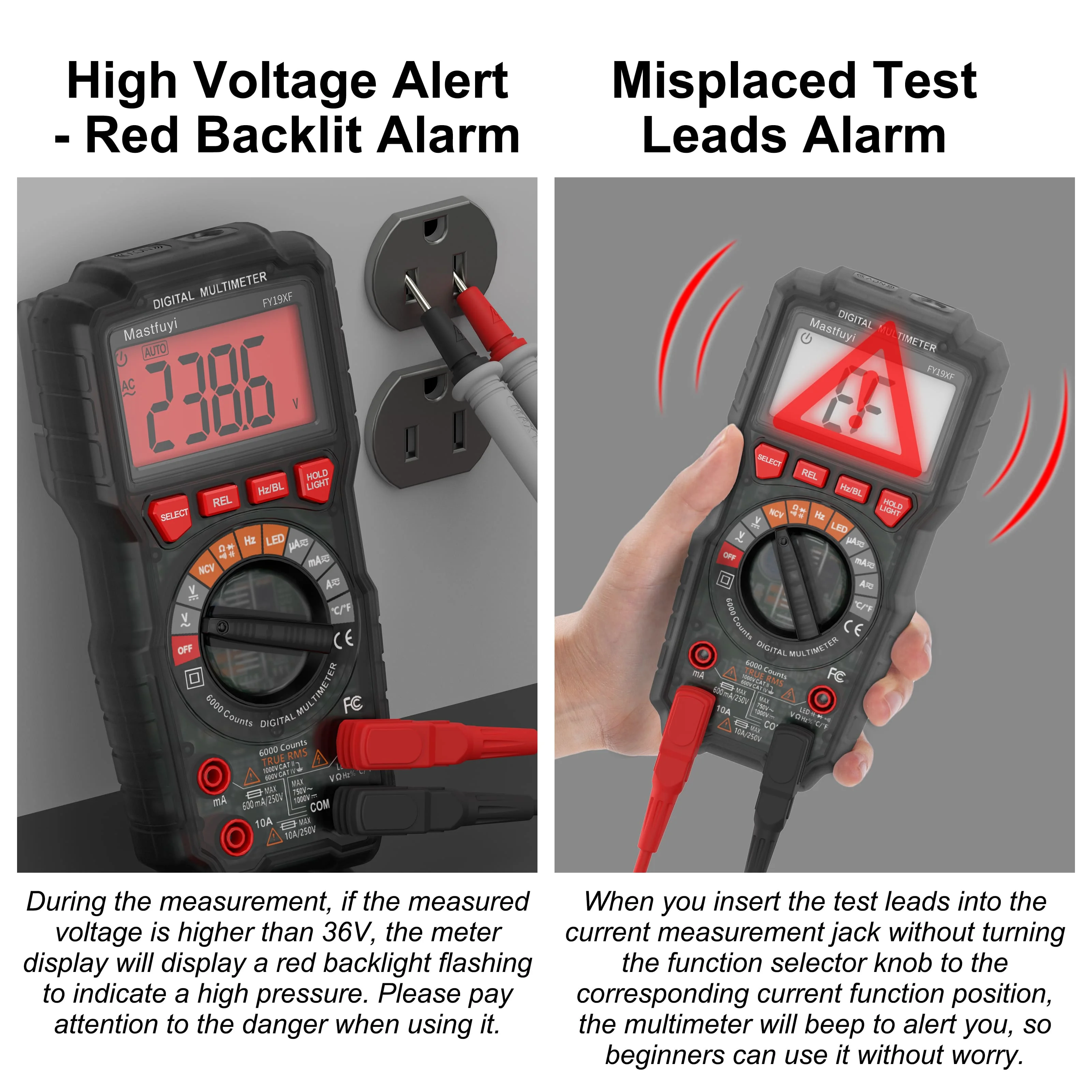 MASTFUYI FY19XF Smart Digital Multimeter 6000 Counts AC/DC Current Voltage Resistance Capacitance Tester NCV Test LCD Display