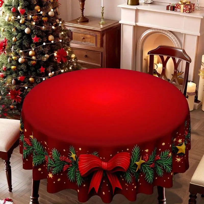 VIKAMA Christmas Round Table Cover Solid Red Pine Berry Bow Snowflake Merry Christmas Dining Tablecloth Winter Party Decor
