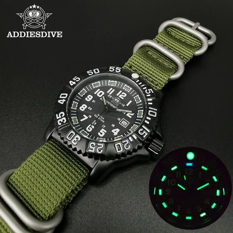 Addiesdive Mode Heren Analoog Horloge 50M Waterdichte Lichtgevende Buis Nylon Sport Heren Militaire Polshorloges Quartz Horloge Voor Heren