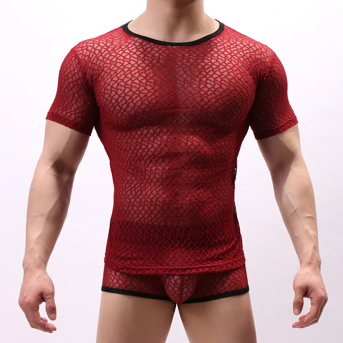 Men\'s Tight Fitting Personality Semi Transparent Mesh Bottom Lingerie Young People Short Sleeved T-shirt Youth Fashion Tank Tops