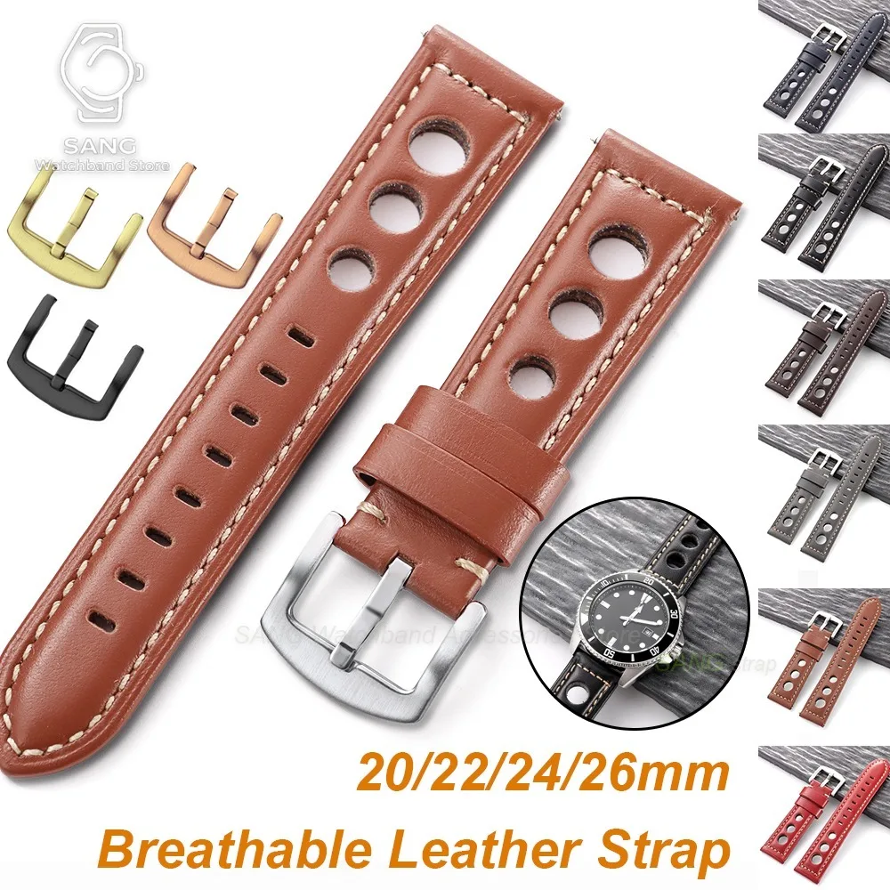 20mm 22mm 24mm 26mm Atmungsaktives Perforiertes Rindsleder-Uhrenarmband Vintage Premium Perforierter Riemen Metall-Dornschließe Armband