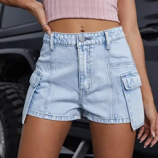 2025 Solid Color High Waisted Pocket Design Denim Shorts for Summer Women's Fashionable Slim Fit Straight Leg Solid Color Jeans