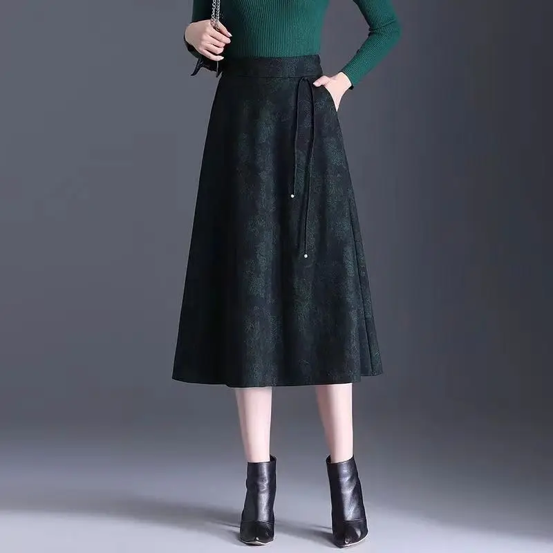 Women High Waist Solid Color A Line Midi Skirt With Drawstring Casual Flared Skirt With Pockets WJ273