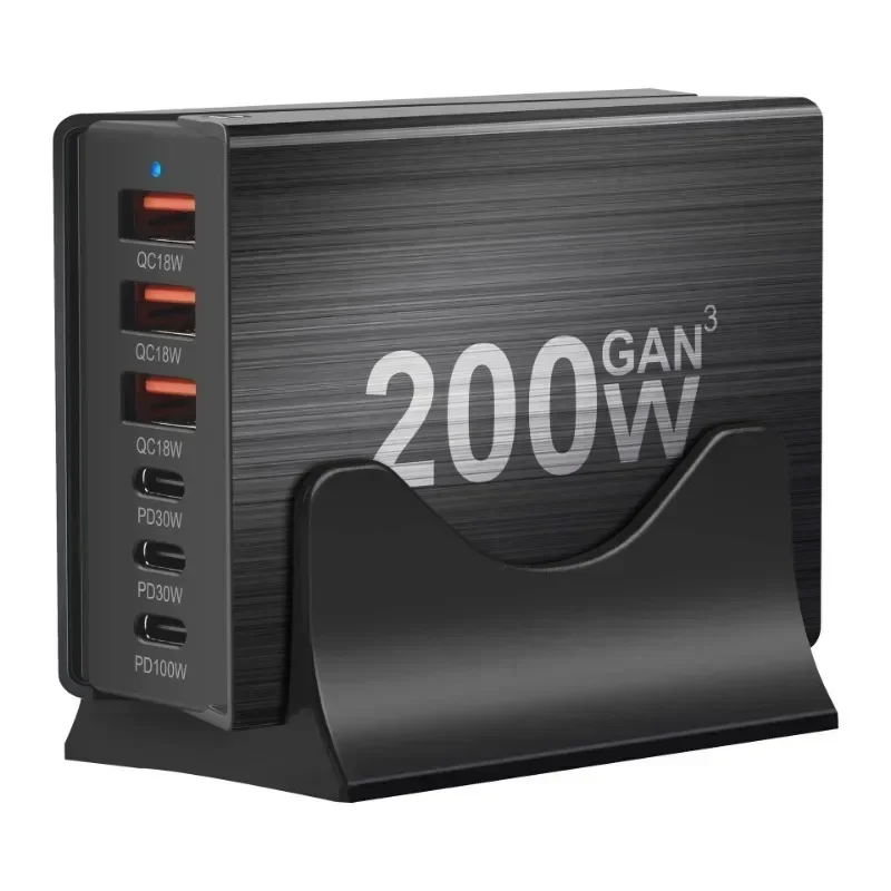 New 200W 6-Port Charging Station Hub Fast Compact GaN Charger Power Adapte USB C Fast Charger ForCell phones, tablets