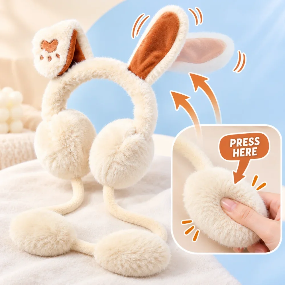 Cute Rabbit Ear Winter Earmuffs for Kids Girls, Soft Fuzzy Ear Warmers with Long Plush Balls, Moving Ears Holiday Gift