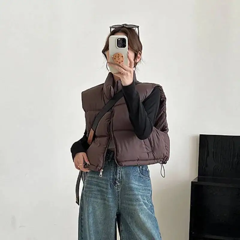 

BabYoung Fashion Stand Collar Zipper Vest Caot Women Y2k Sleeveless Straight Tops Mujer 2025 Autumn Winter New Cotton Jackets