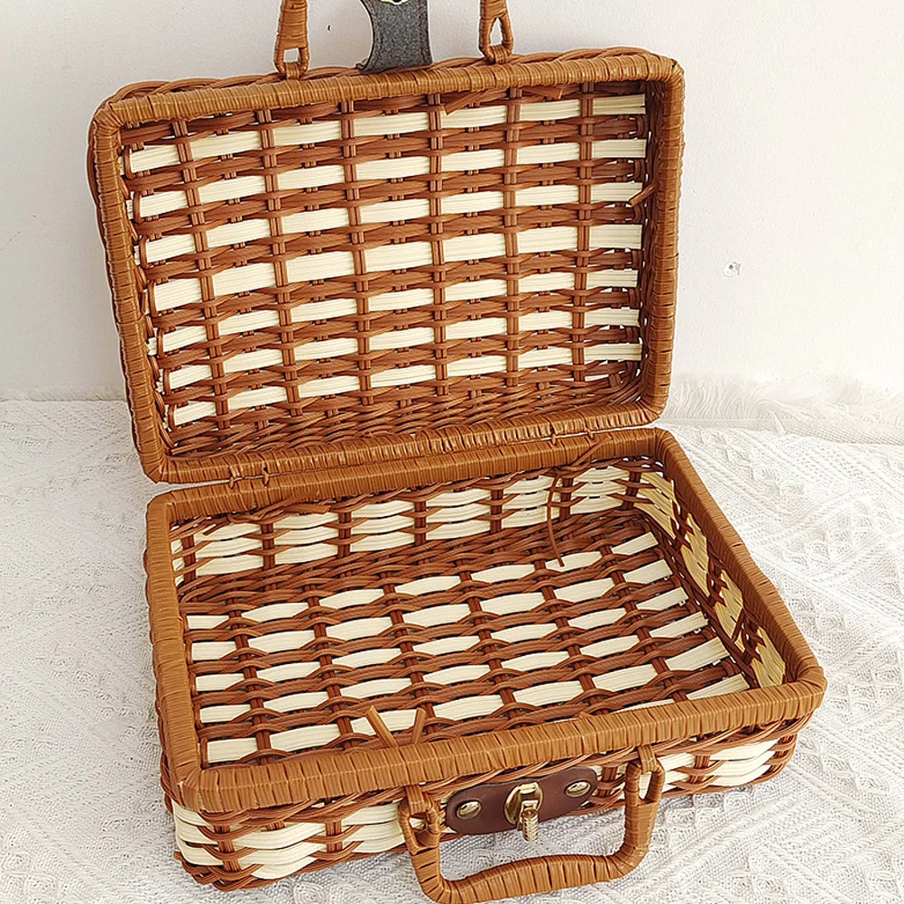 Retro Handwoven Storage Box 30cmx21cmx12cm Woven Suitcase Vintage Picnic Basket Reusable Portable Home Office Decorative