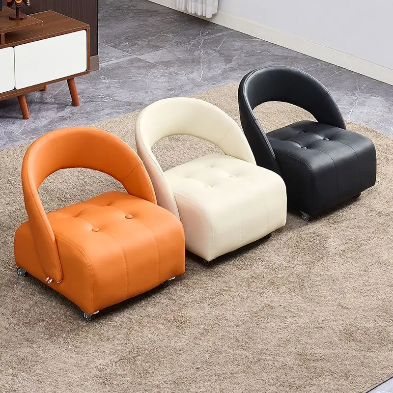 PU Leather Upholstered Rolling Stool With Backrest Tufted Low Seat Stool With Wheels For Living Room Entryway Multi Color