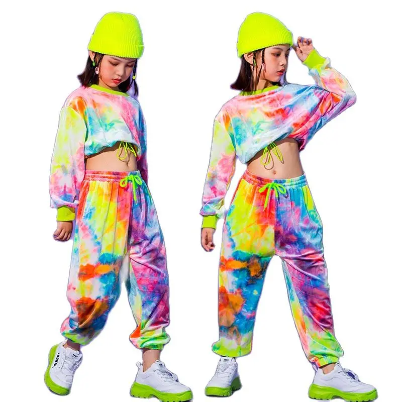 

Teen Girls Cool Hip Hop Clothes Set Long Sleeve Tie Dye Sweatshirt+Casual Pants 2pcs Kids Casual Ballroom Jazz Dancing Tracksuit